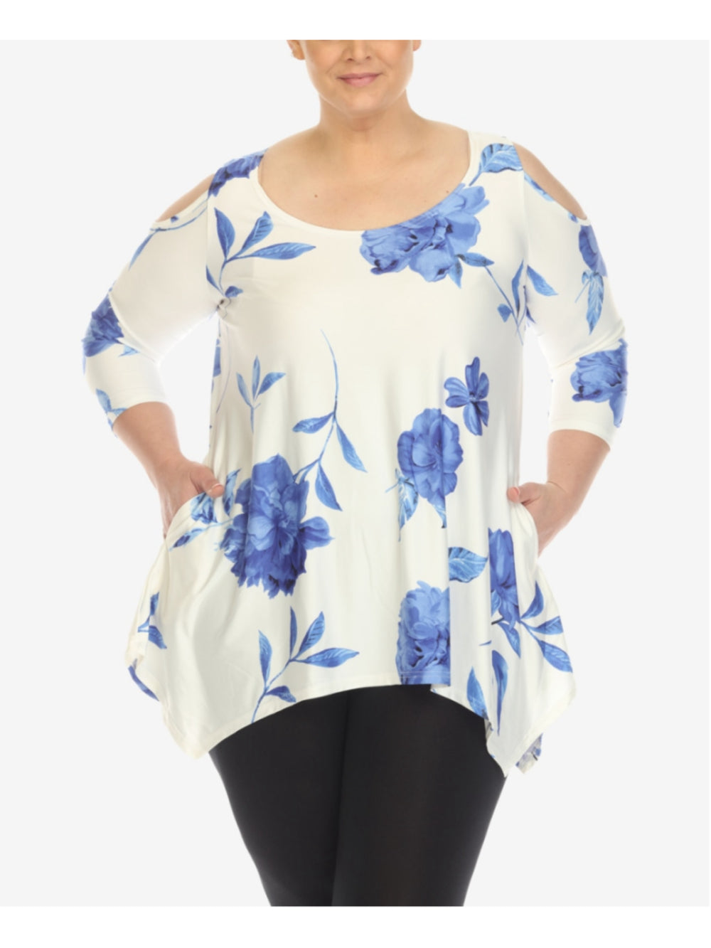 White Mark Women's 3XL Floral Cold Shoulder Tunic Top White & Blue NWT