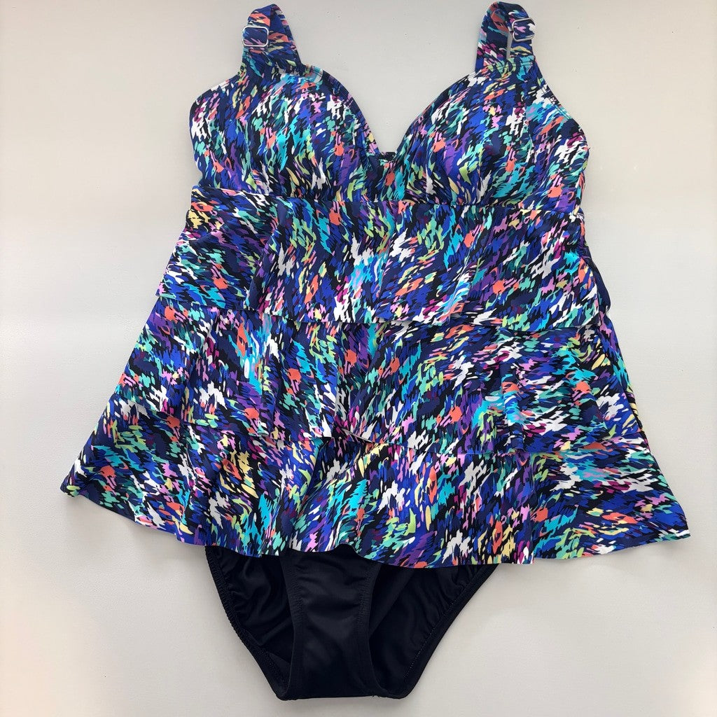 Swim Solutions Women's Size 10 Blue Printed Tiered One-Piece Swimsuit NWT