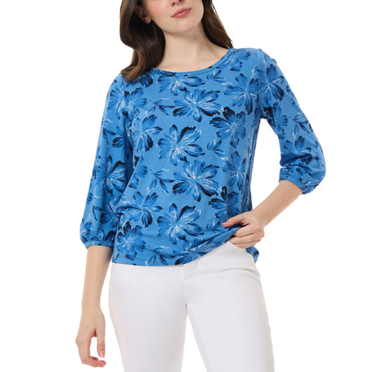 Jones New York Extra Small Petite Blue Floral Crewneck 3/4-Sleeve Blouse NWT