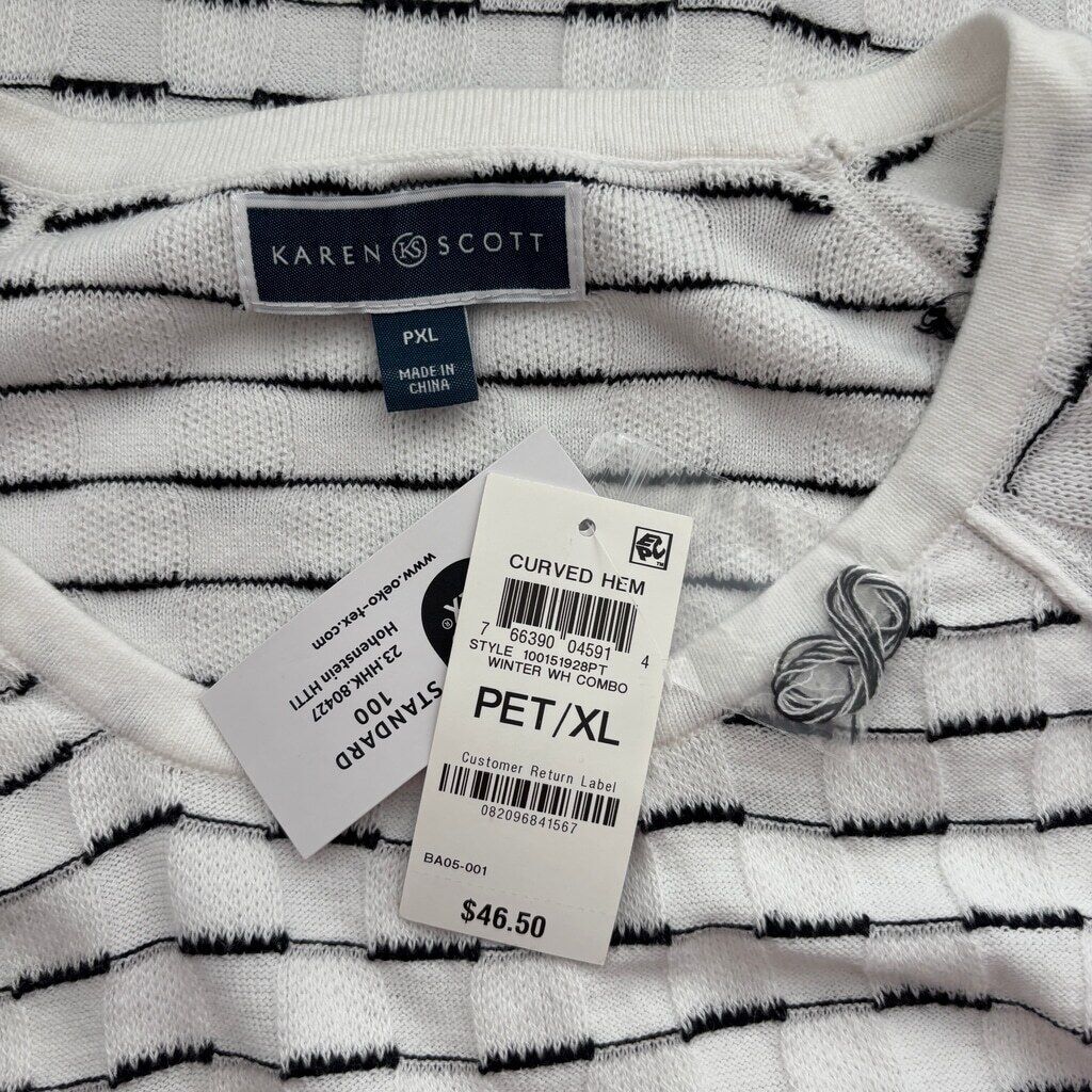 Karen Scott XL Petite White & Black 100% Cotton Curved-Hem Sweater NWT