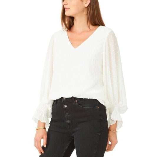 VINCE CAMUTO Plus Size 2X Clip Dot White V-Neck Blouse with Long Sleeves NWT