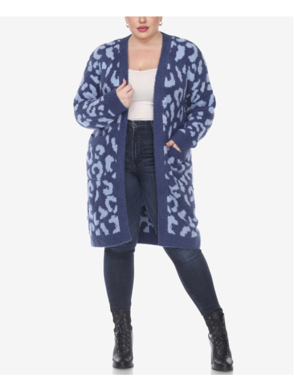 White Mark Plus Size 2X 2XL Plush Sherpa Blue Leopard Open-Front Sweater NWT
