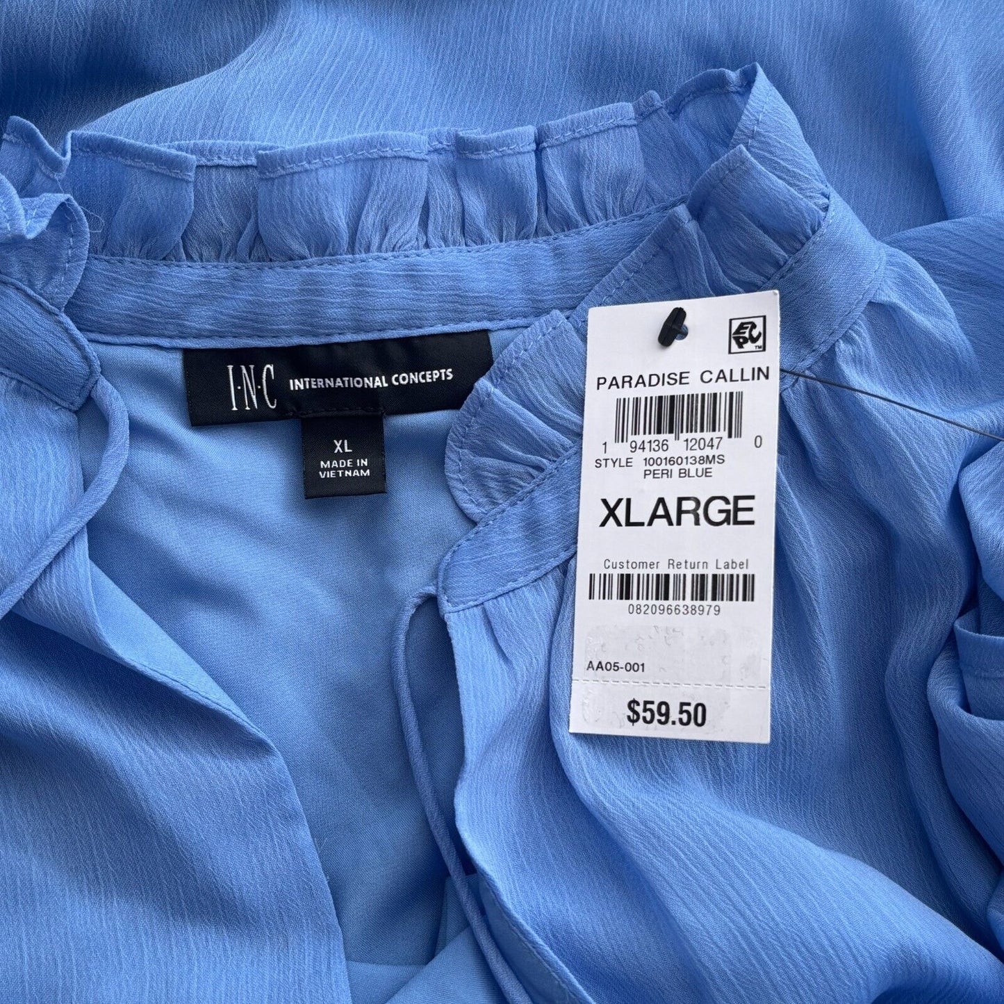 I.N.C. International Concepts Blue Lace-Up Ruffle-Sleeve Blouse NWT.