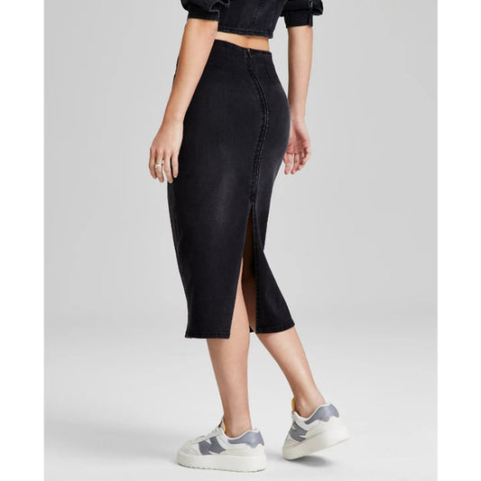 And Now This Women's Size XL Black Wash Back-Slit Denim Midi Skirt NWT