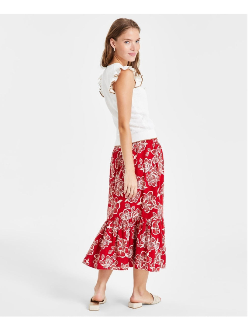 Nautica Jeans Size M Red Floral Tiered Smocked-Waist Maxi Skirt NWT
