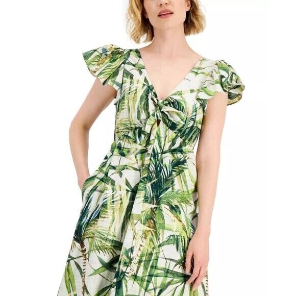 TAYLOR Cotton Printed Bow-Tie Maxi Dress, Green & White NWT