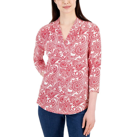 Charter Club Women's Small Petite 3/4 Sleeve Red & White Paisley V-Neck Top NWT