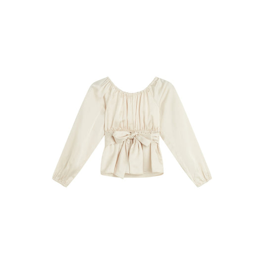 Beautees Size Extra Large Beige Tie-Back Satin Peasant Blouse Top NWT