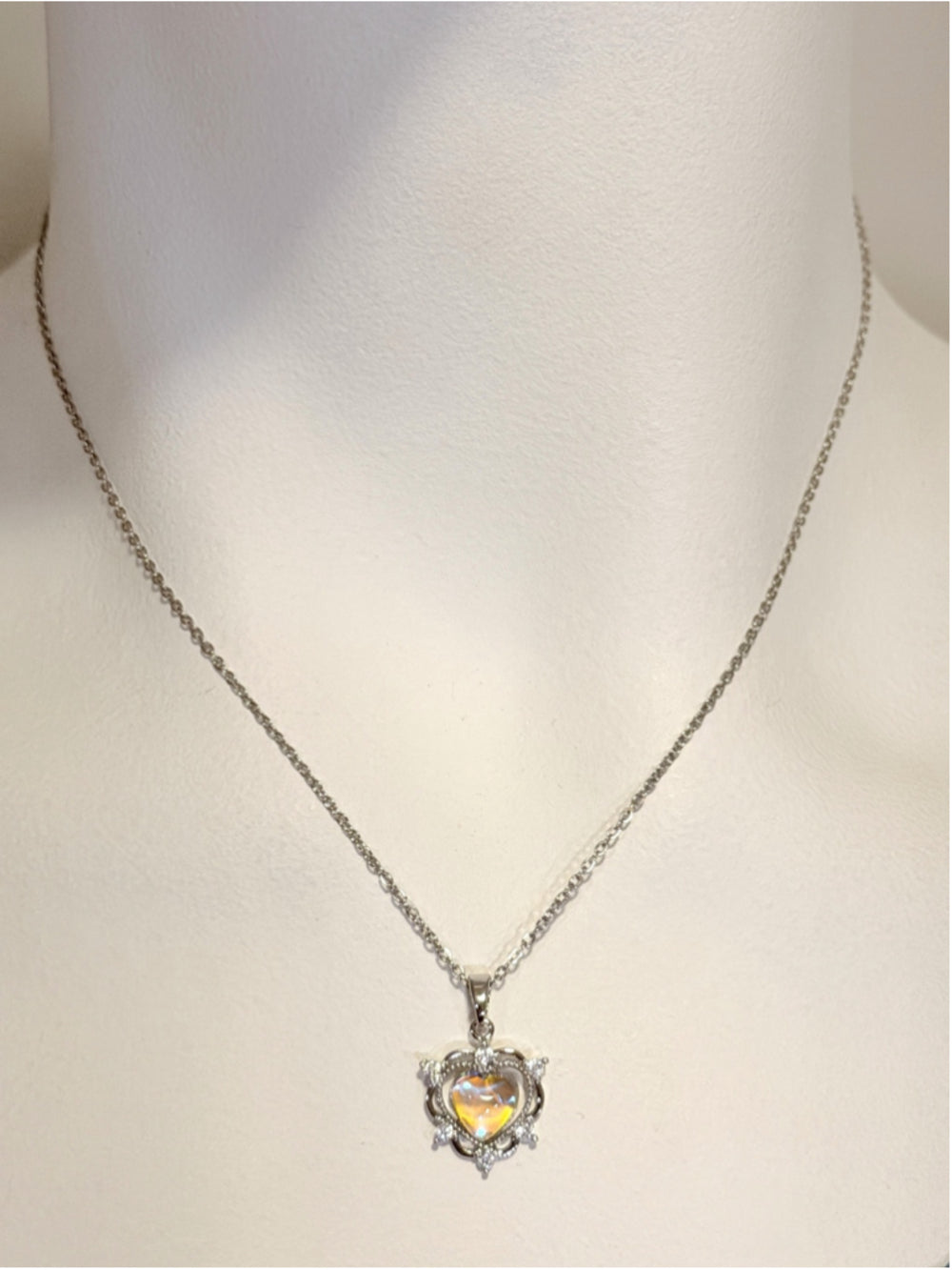 Opalescent Style Heart Pendant Necklace with a Silver Tone Chain NWT