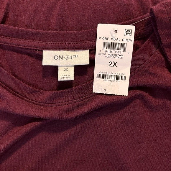 On 34th Plus Size Solid Dark Red Long-Sleeve Crewneck Knit Top NWT.