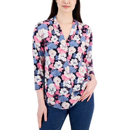 Charter Club Women's XS Pink & Blue Floral Pleated-Neck 3/4-Sleeve Top NWT
