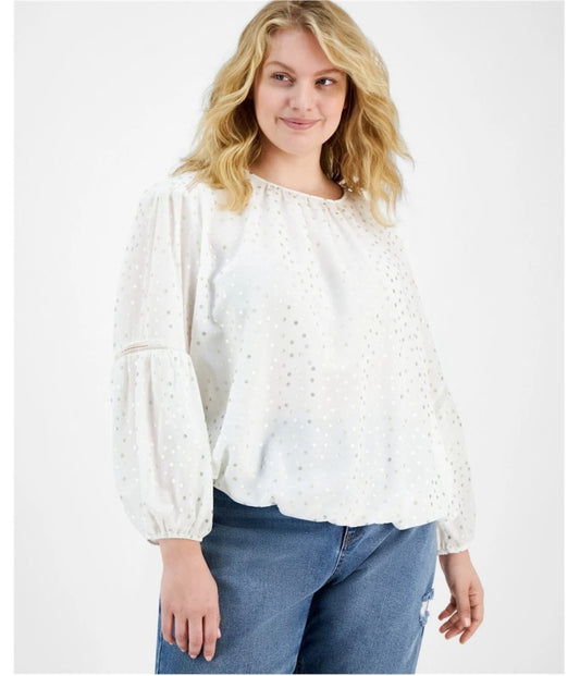 Tommy Hilfiger Plus Size 1X White w/ Gold Metallic-Dot Bloused Peasant Top NWT