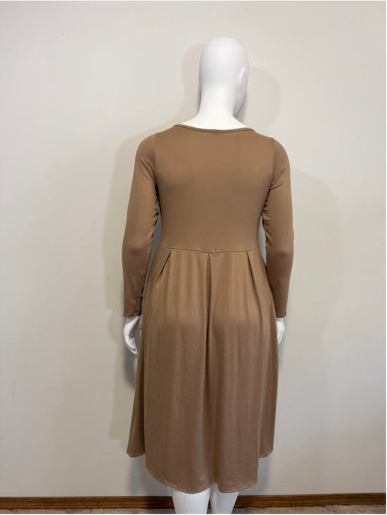 24seven Comfort Apparel XL Beige / Tan Midi Length Fit & Flare Pocket Dress NWT