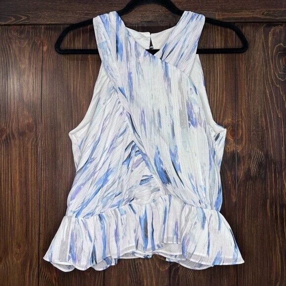 DKNY Women's Medium Blue Chiffon Printed Crisscross Metallic-Detail Top NWT