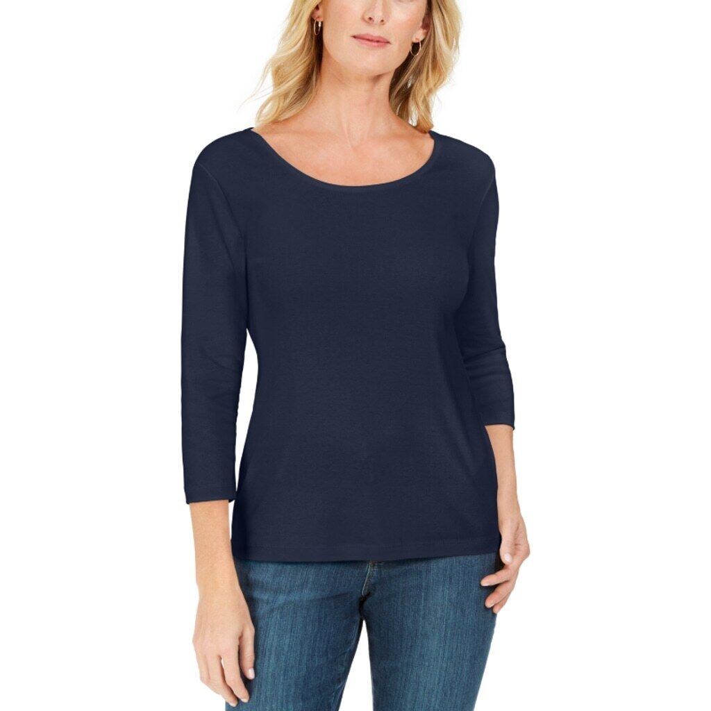 Karen Scott Petite Navy Blue 3/4 Sleeve 100% Cotton Scoop-Neck Top NWT