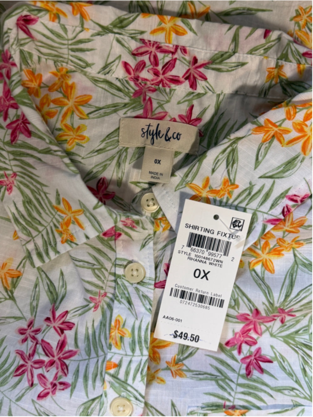 Style & Co. Plus Size 0X Floral Printed 100% Cotton Button-Down Shirt NWT