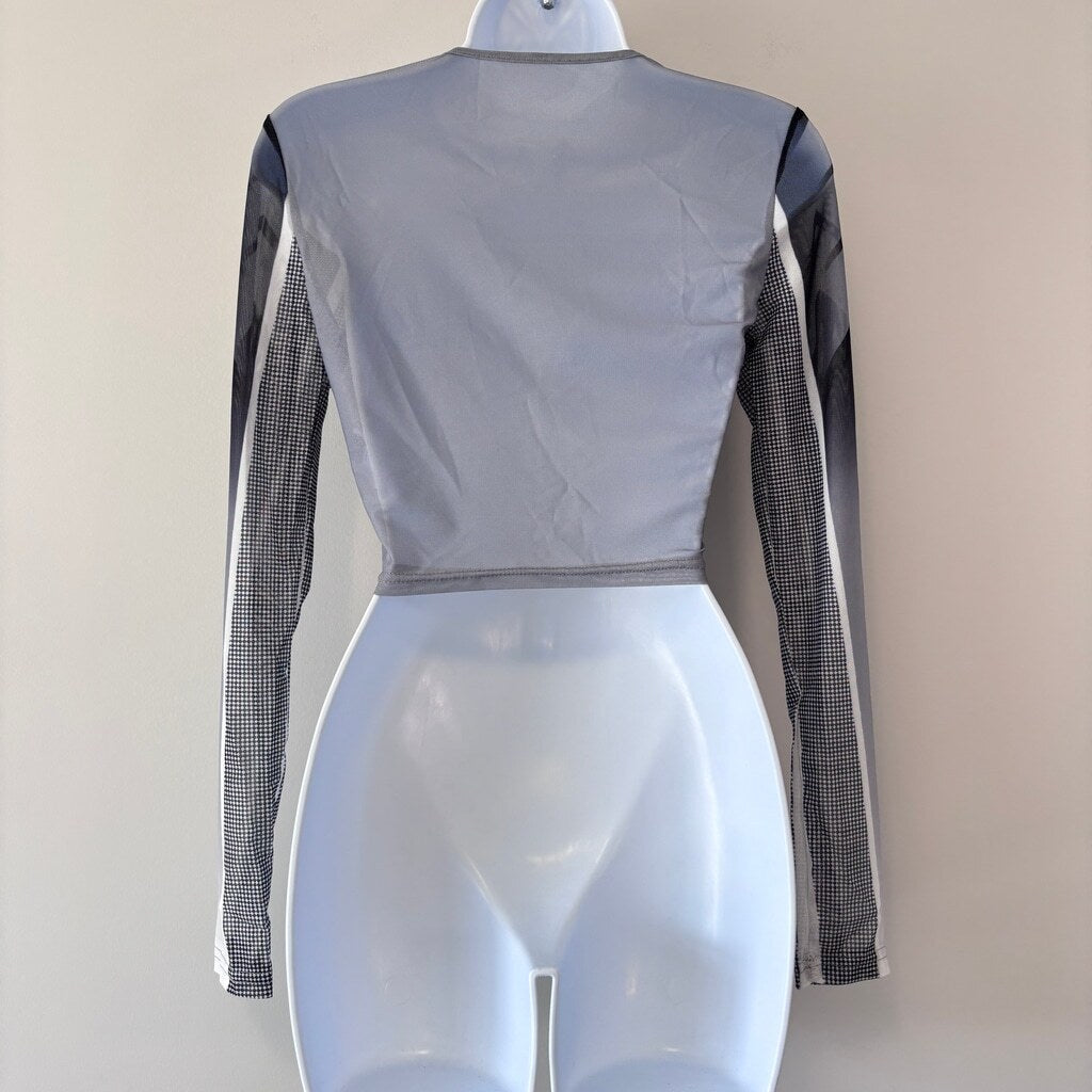 SHEIN ICON Women's Size S Gray Cyber Graphic Print Casual Sheer Crop Top NIB