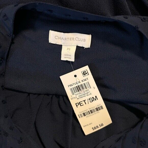 CHARTER CLUB Women's Textured Pintuck Navy Blue Chiffon Top NWT