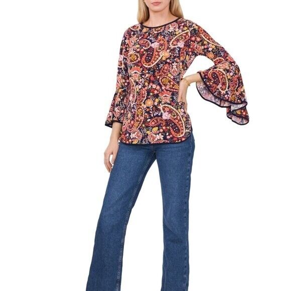 Sam & Jess Petite Medium Contrast-Trim Colorful Paisley Bell-Sleeve Top NWT