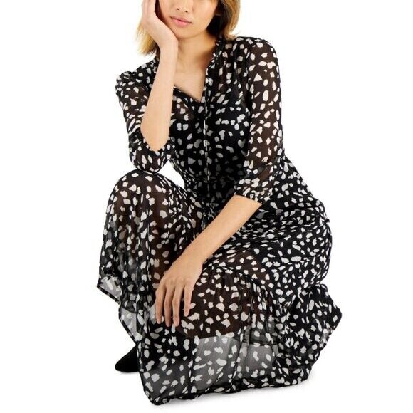 Tinsel Petite Extra Small Black & White Polka Dot Tiered Maxi Dress NWT