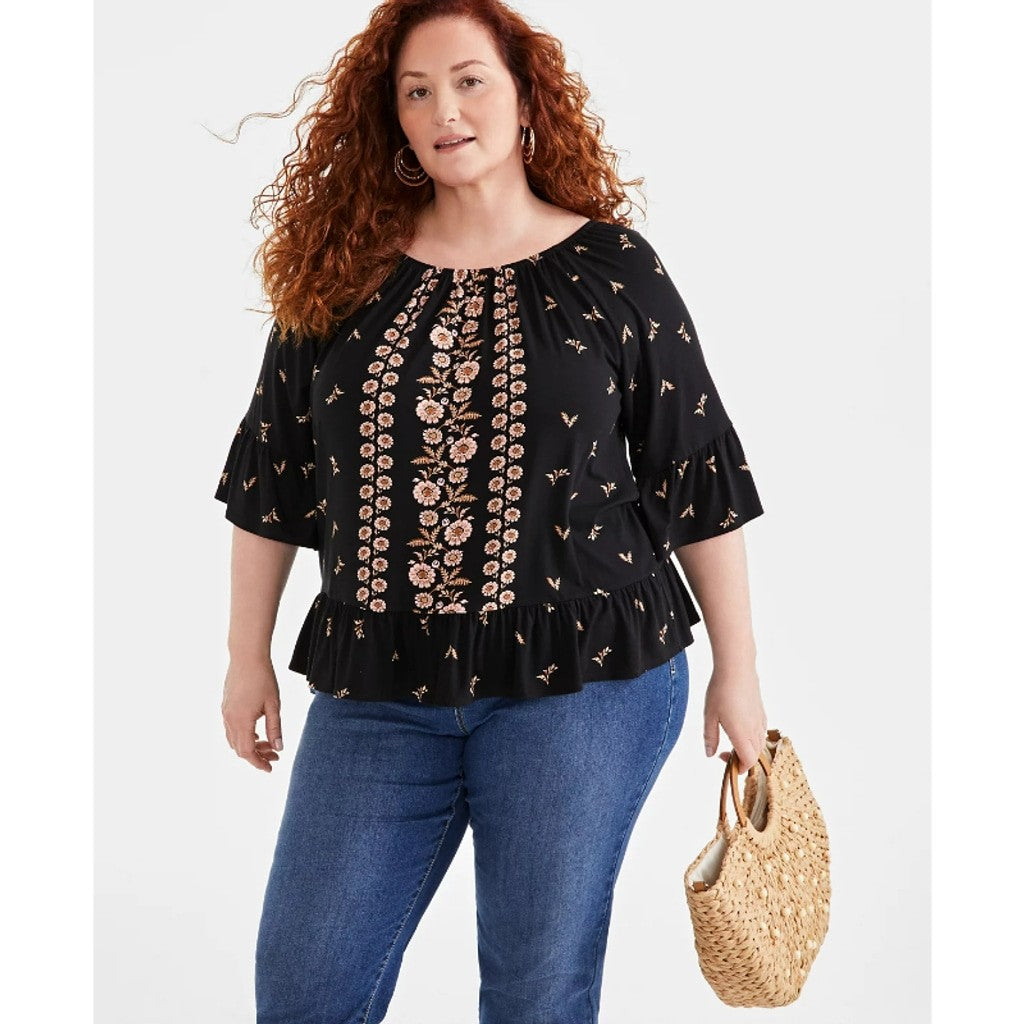 Style & Co Plus Size Black Floral Peasant Blouse, 3/4-Sleeve Top NWT