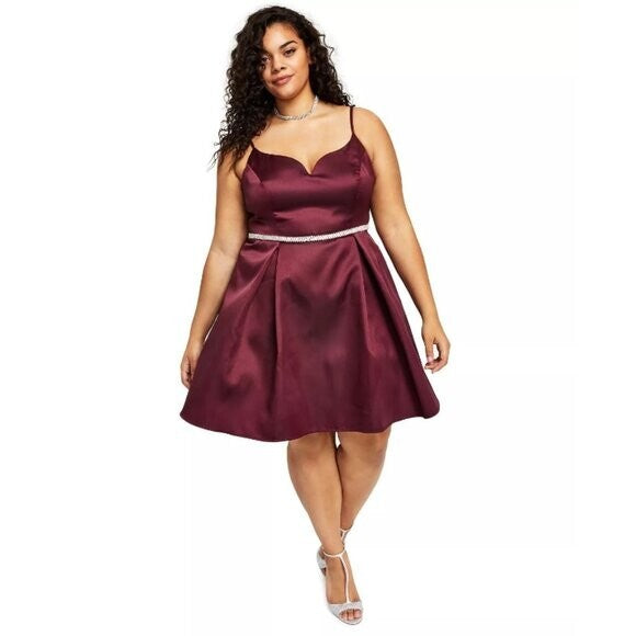 B Darlin Trendy Plus Size 16W V-Neck A-Line Formal Knee Length Burgundy Dress NWT