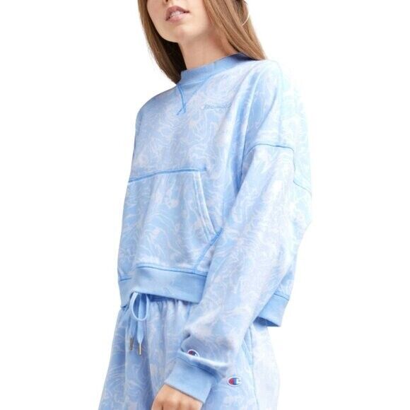 CHAMPION Women's XXL Campus-Print French Terry Crewneck Blue and White Sweater NWT