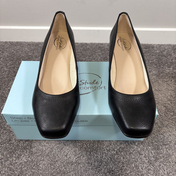 Life Stride Women's 10W Black Faux Vegan Leather Square Toe, Wedge Pumps NIB