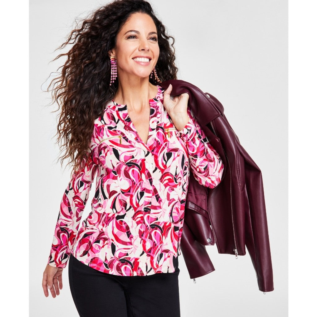 INC International Concepts Small Petite Pink Abstract Print Zip Pocket Top NWT