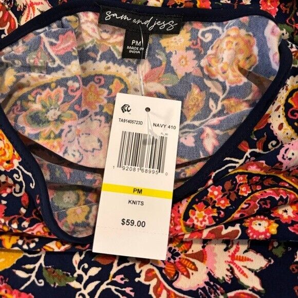 Sam & Jess Petite Medium Contrast-Trim Colorful Paisley Bell-Sleeve Top NWT