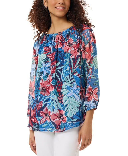 Jones New York Women's Size Extra Large Floral Printed Smocked-Neck Blouse NWT