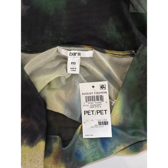 Bar III Petite Green Abstract Printed Long-Sleeve Cowlneck Mesh Top NWT