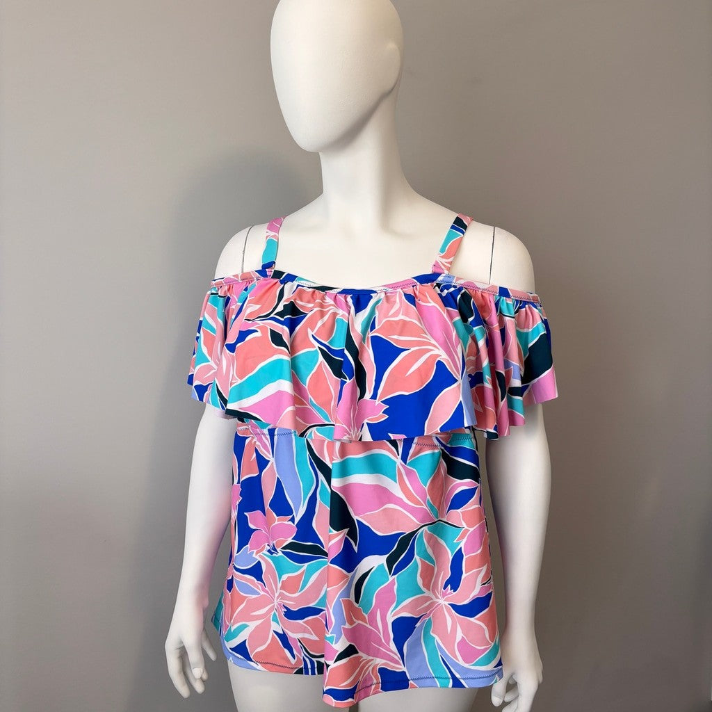 Raisins Women's 24W Plus Size Multicolor Off-The-Shoulder Tankini Top NWT