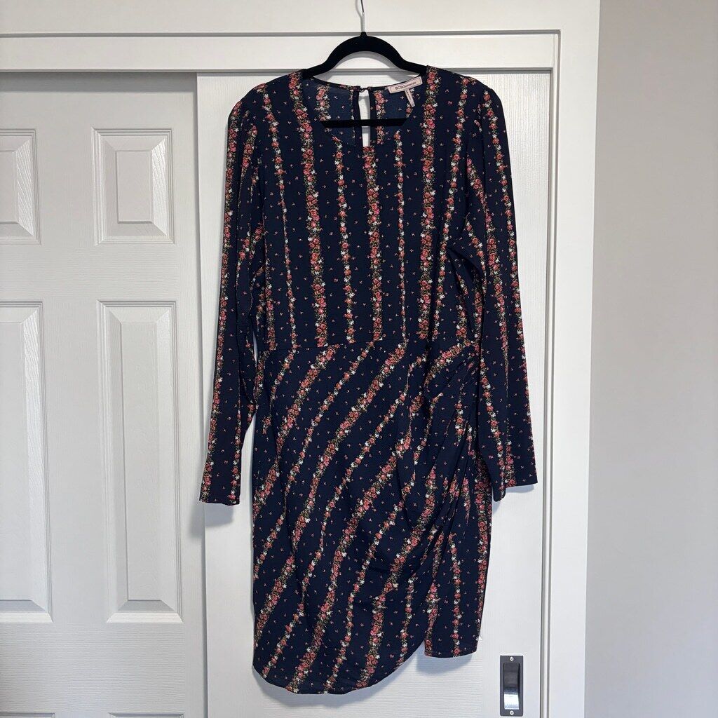 BCBGeneration Women's XL Navy Blue Floral-Striped Long-Sleeve Mini Dress NWT