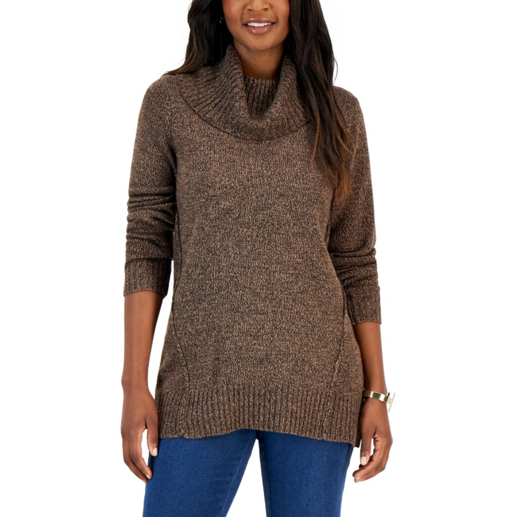 Karen Scott Women's Small Brown Chunky Knit Cowlneck Seamed Sweater NWT