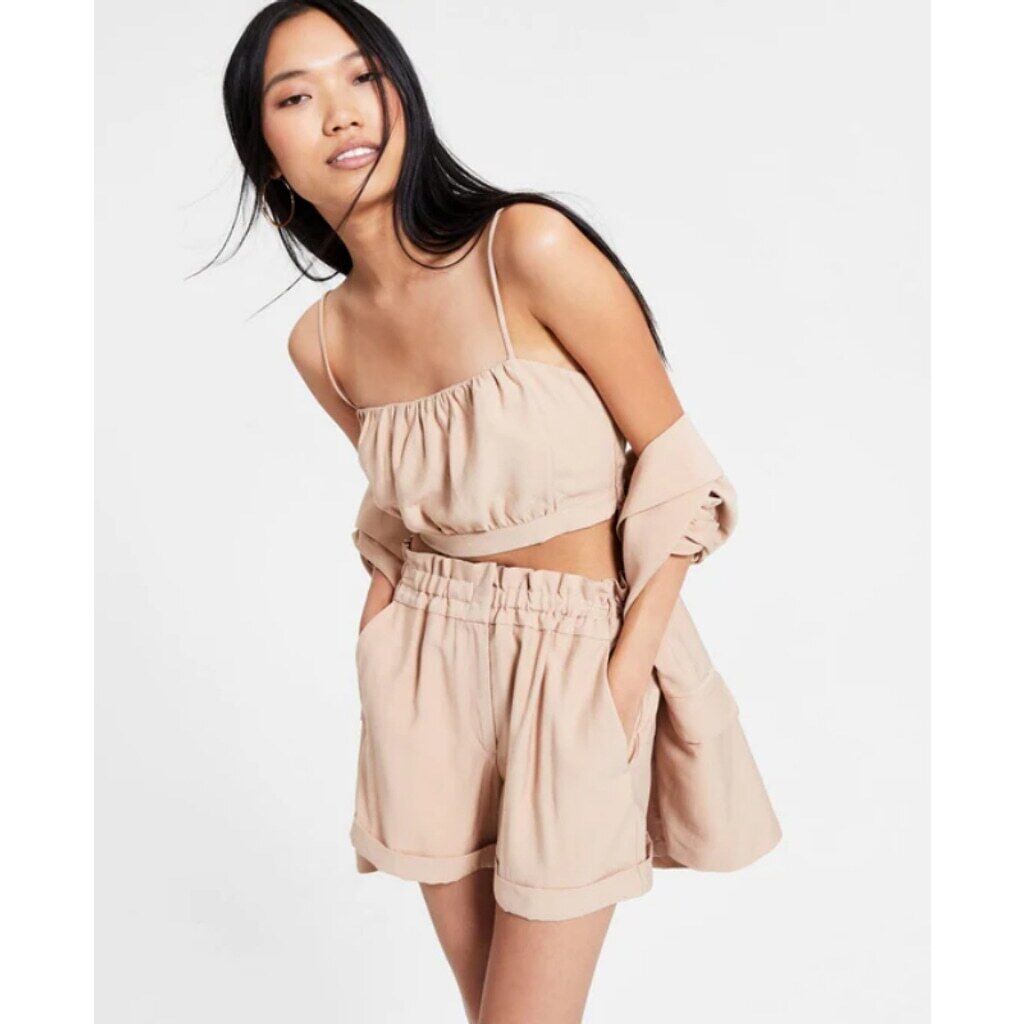 LEYDEN Women's Small Linen Beige / Tan Gathered Cami Crop Top NWT