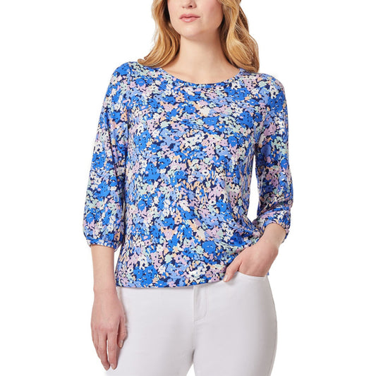 Jones New York Medium Blue & Purple Floral-Print 3/4-Sleeve Blouse NWT