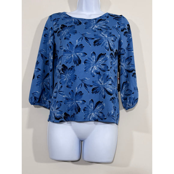Jones New York Extra Small Petite Blue Floral Crewneck 3/4-Sleeve Blouse NWT