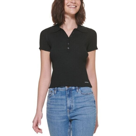 Calvin Klein Jeans Petite Medium Black Ribbed Polo Short Sleeve Shirt NWOT
