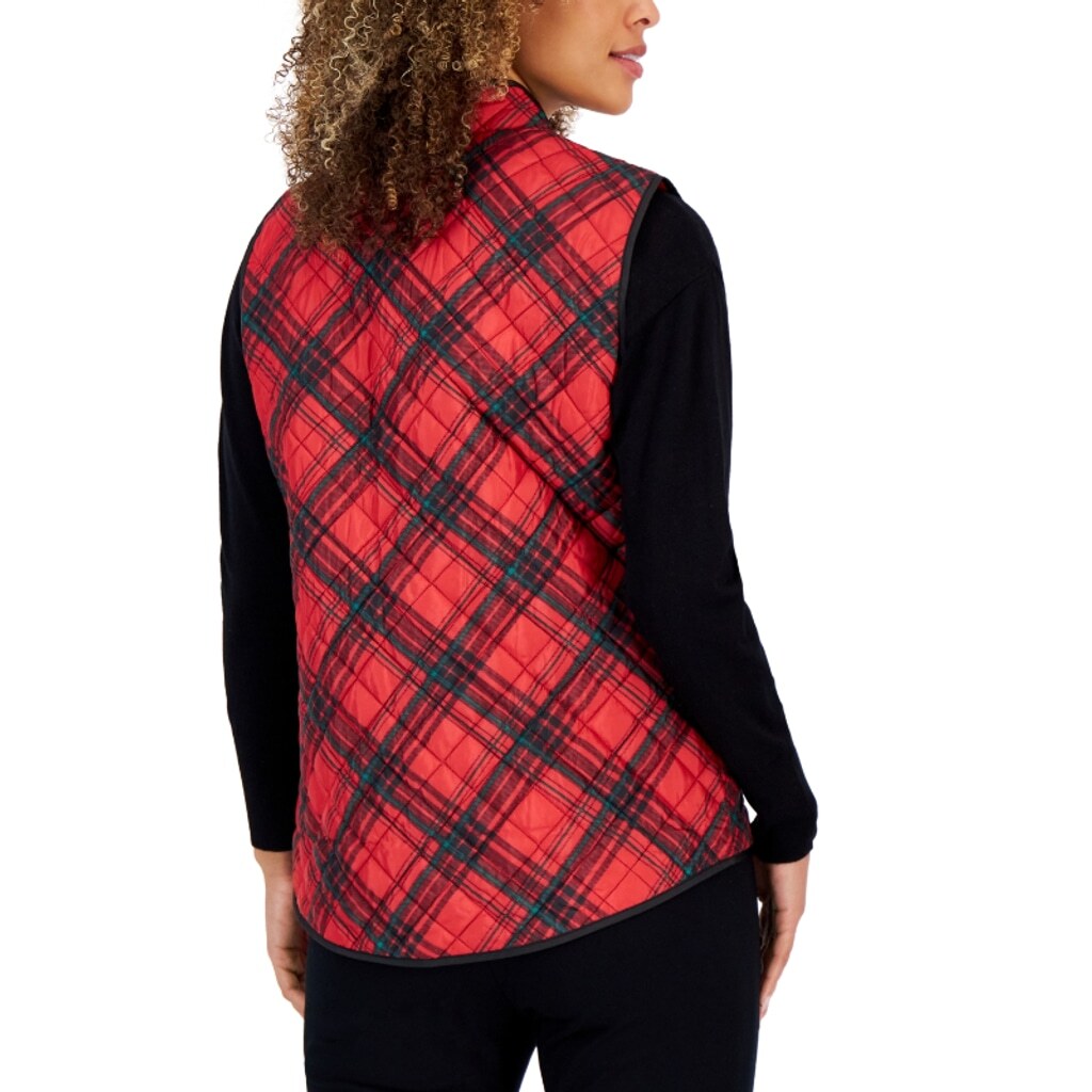Karen Scott Petite Petite Red, Green & Black Plaid Quilted Puffer Vest NWT
