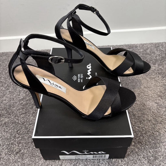 Nina Venus Women's 8 Black Satin Ankle Strap Heels / Heeled Shoes NIB
