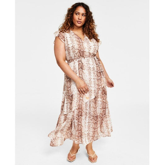 Bar III Women's Plus Size 2X Snake-Print Flutter-Sleeve Wrap Maxi Dress NWT