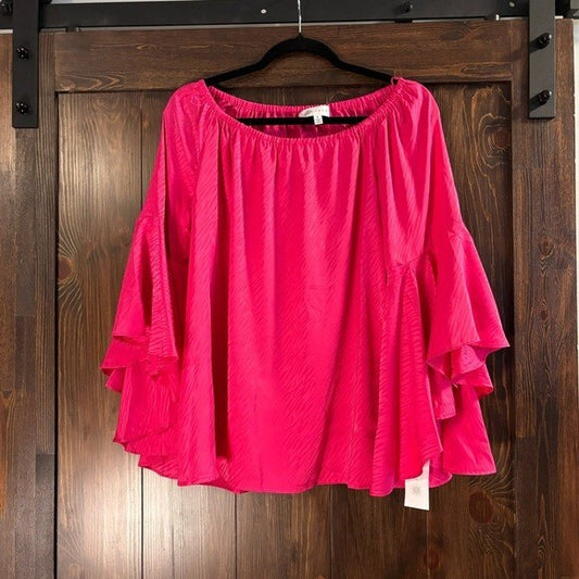 FEVER Women's Jacquard On & Off-the-Shoulder Bell Sleeve Hot Pink Top NWT