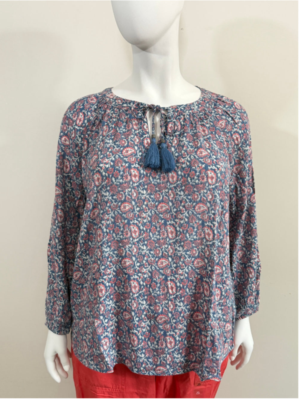 Style & Co. Plus Size 2X Blue & Pink Floral Peasant Blouse Tassel Tie NWT