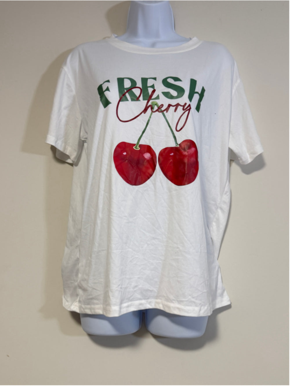 Shein Women's Medium White and Cherry Graphic Short Sleeve T-Shirt NWT