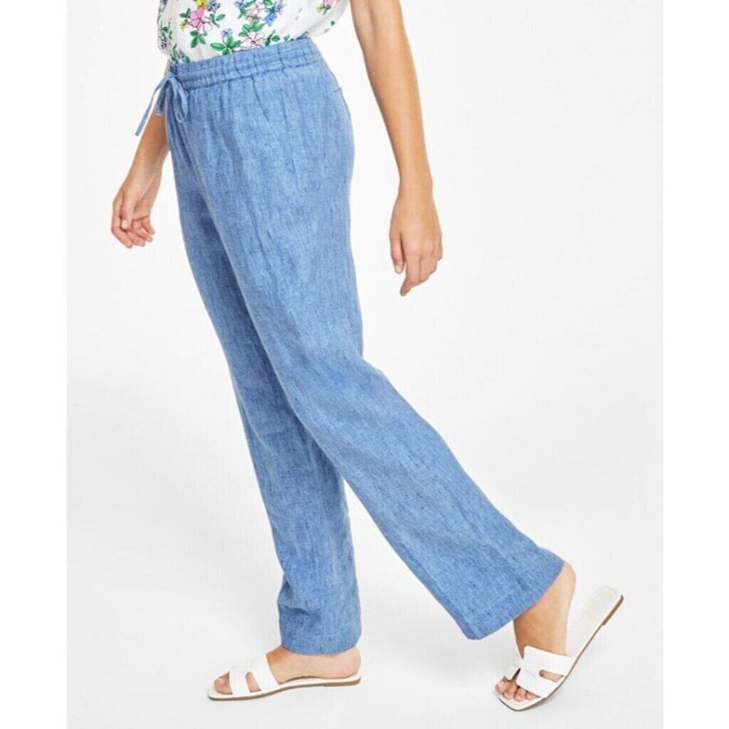 Charter Club Luxury Line Blue Petite 100% Linen Drawstring Pants NWT