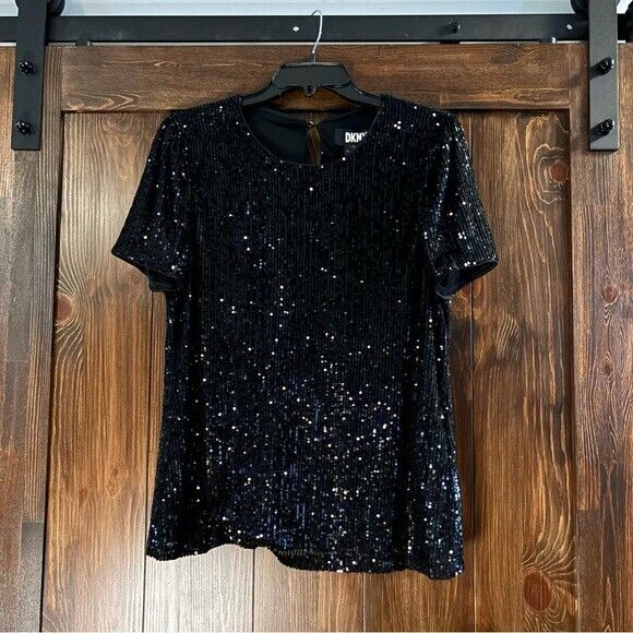DKNY Women's Size Medium Black Sequined Short-Sleeve Crewneck Blouse NWT
