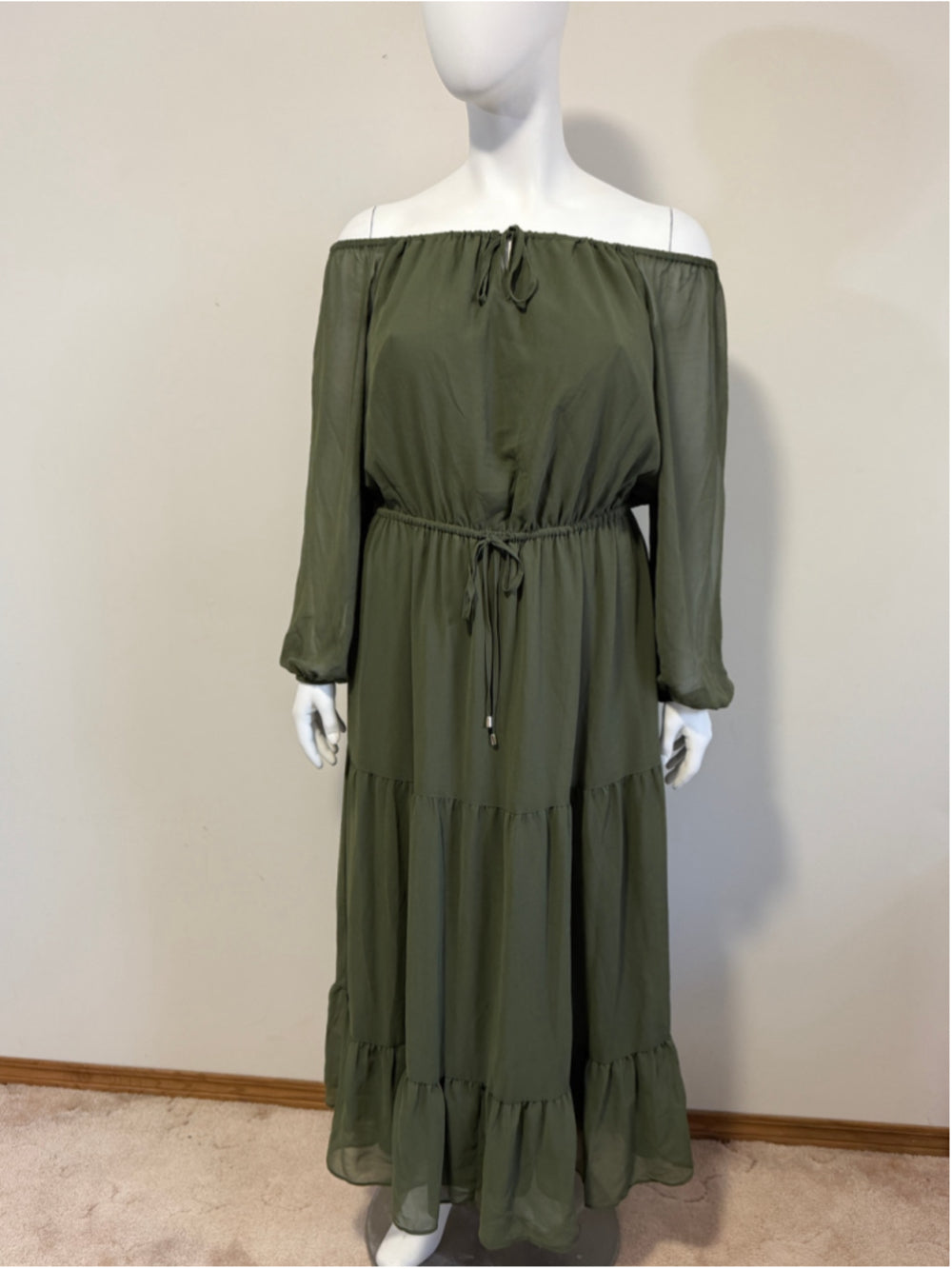 INC International Concepts Size XL Green Off-The-Shoulder Tiered Maxi Dress NWT