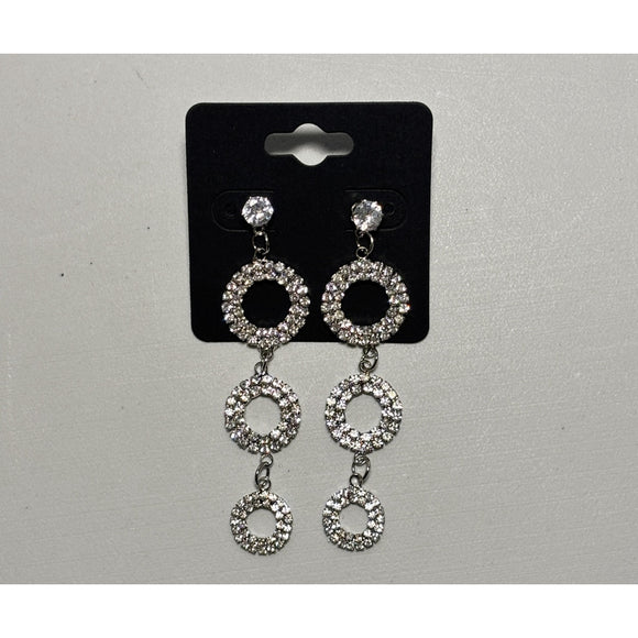 Silver Rhinestone Triple Circle Drop Dramatic Dangle Earrings NWT