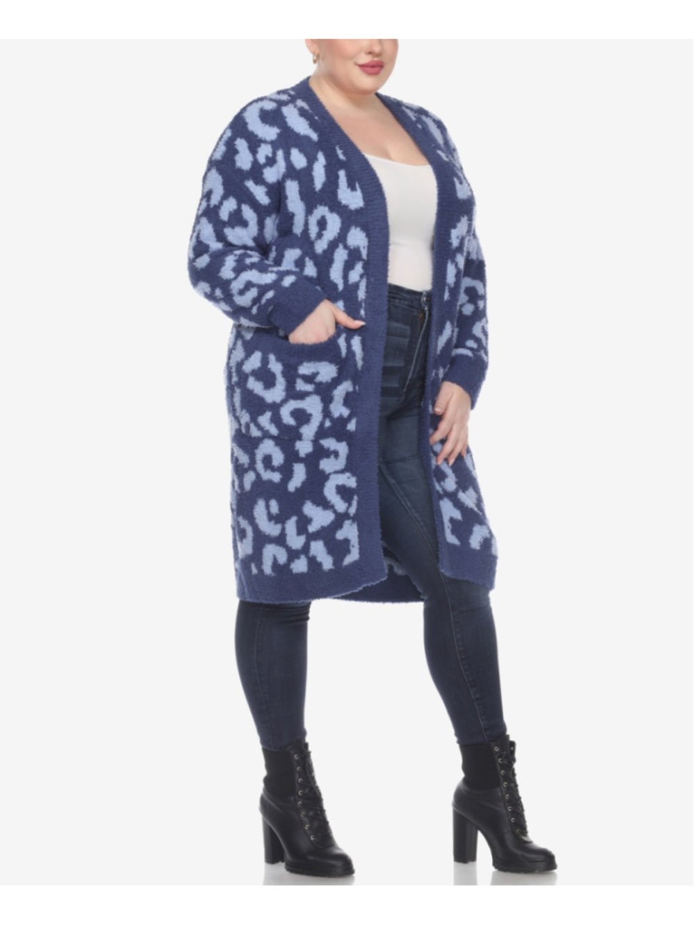 White Mark Plus Size 2X 2XL Plush Sherpa Blue Leopard Open-Front Sweater NWT